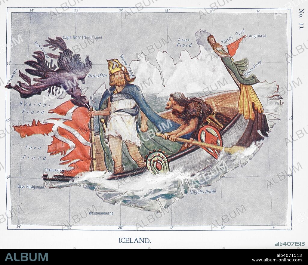 A map of Iceland showing two men, one rowing a boat, and a large bird . Stories of Old ... Containing twelve full-page illustrations in colour by L. Tennant. London : Adam & Charles Black, 1912. Source: 09008.bb.10, plate 11. Language: English.