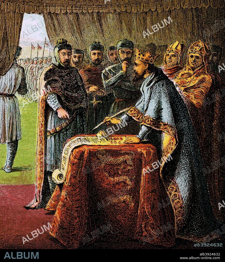 'King John And The Magna Carta', 1215, (c1850). Magna Carta is an English charter originally issued in 1215. Colour plate from Pictures of English History, published by George Routledge & Sons, (London, New York, c1850).