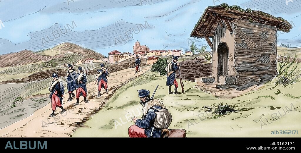 TERCERA GUERRA CARLISTA (1872-1876). "País Vasco. Guipúzcoa. Elgueta. Vista tomada desde el camino antiguo de Vergara". Dibujo de Pellicer. Grabado por Rico. La Ilustración Española y Americana, 1876. Coloreado.