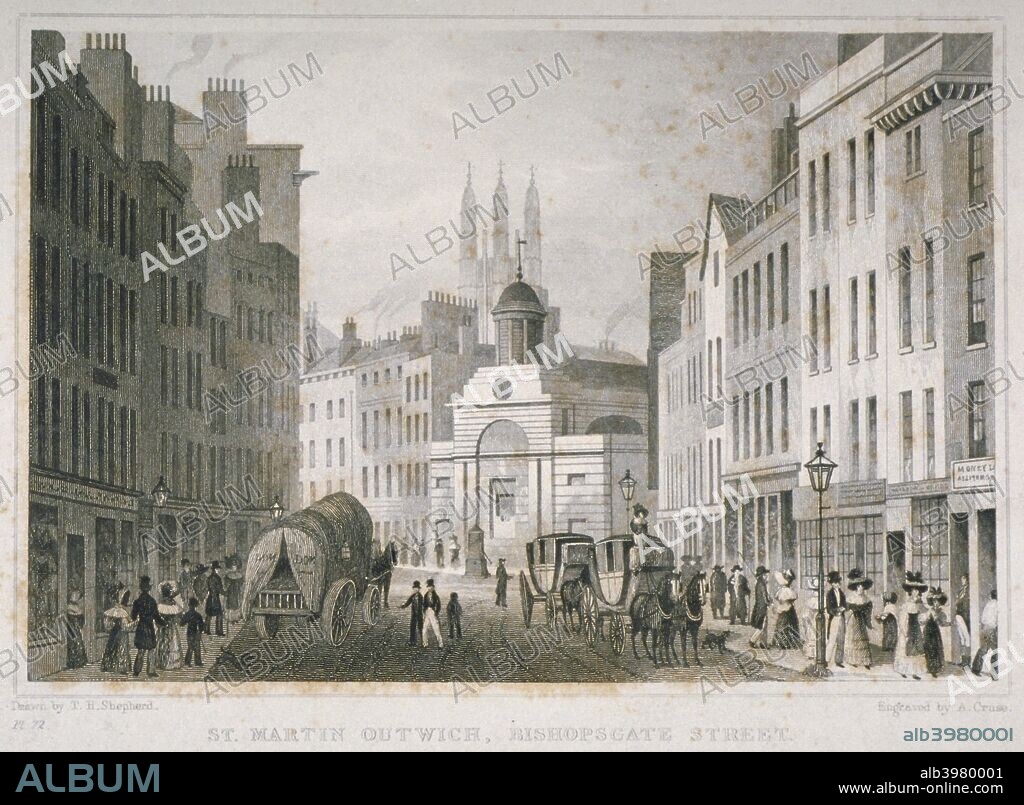 Church of St Martin Outwich, viewed from Bishopsgate, City of London, 1830.