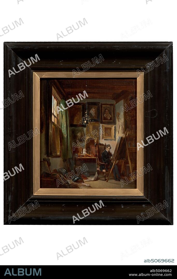 painting, Jacobus Ludovicus Cornet, c. 1850, Signature front, bottom left: J.L. Cornet f, panel, oil paint, painted, Carrier: 34.8 × 26.7 × 0.5cm 348 × 267 × 5mm, With frame: 53.5 × 46.5 × 5cm 535 × 465 × 50mm, bare arms, painting , book, skull, artist, globe, studio, interior, painting depicting a studio. Right behind a ballpoint table covered with a Persian carpet, on which a still life of a skull, a helmet, an hourglass, books and papers, sits a young man, possibly the painter. He is engrossed in a large book and he rests his head on the left hand. He wears blond hair and a short pointed beard. To the right of the table is a painter's stick and, more to the right, a wallet and a stool, with an earthenware jug. On the right in the background a chair on which a beret hangs and against which a gun is mounted. In the center is a high gold leather screen, over which a yellow, a green and a salmon-colored cloth are hung, as well as clothing, powder horns and a sword. To the left of the table is a still life of a drum, a plumed hat, boots, two white vases and a picture frame, lit by the daylight shining in from the left. In the foreground a black and the arm piece of a harness. On the far left, an easel with a painting and more to the rear, against the wall covered with gold leather, is an oak four-door cabinet with a celestial globe, parts of armor, books and porcelain. Above the cupboard on the left a coat of arms and on the far right a 17th-century man's portrait. Signed bottom left.