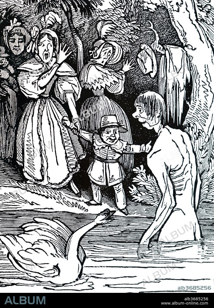 Cartoon depicting a man swimming naked in a river, as an audience looks on in shock. Dated 19th century.