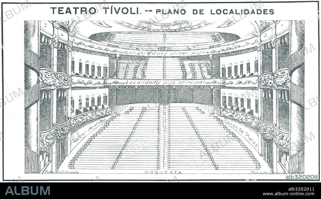 Barcelona. Plano de las localidades del Teatro Tívoli, inaugurado en 1919. Dibujo de 1930.