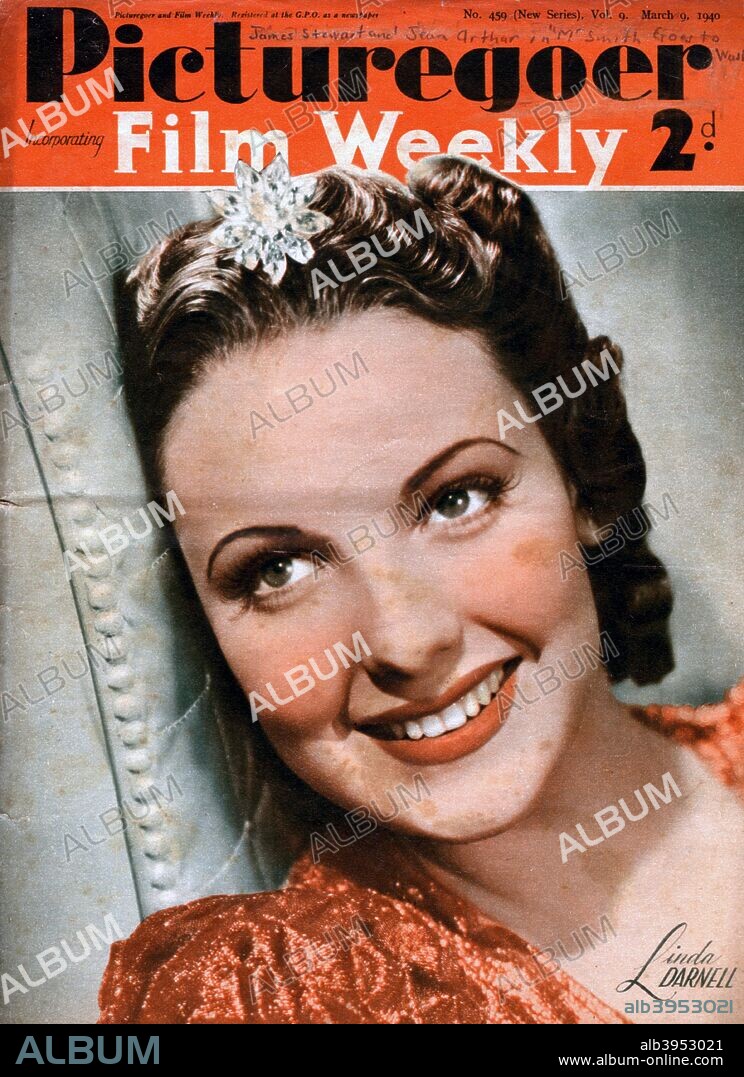 Linda Darnell (1923-1965), American actress, 1940. From the front cover of Picturegoer magazine (9 March 1940).  Cropping restrictions are in place.