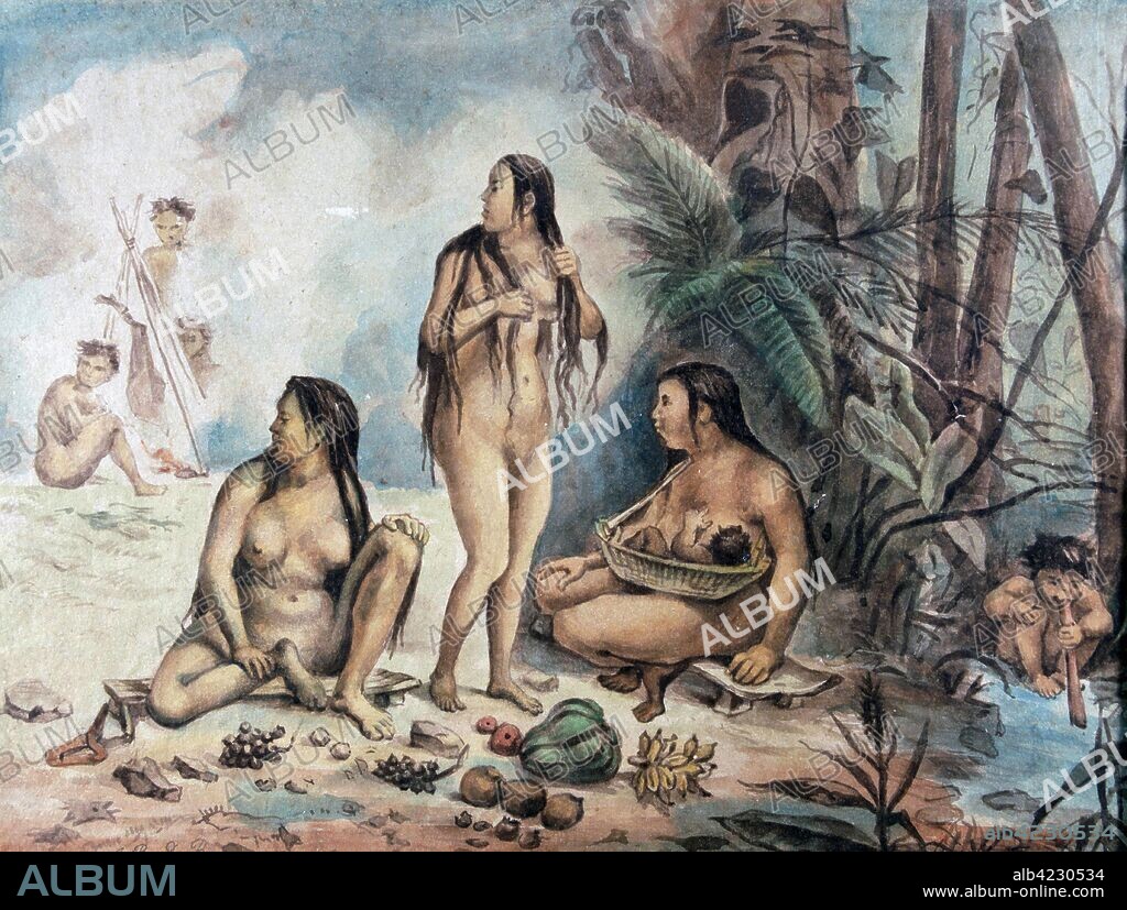 JEAN BAPTISTE DEBRET (1768-1848). DEBRET , JEAN-BAPTISTE PINTOR FRANCES . 1768 - 1848 TRABAJO EN BRASIL DURANTE 15 AÑOS " PUEBLO INDIO EN CANTAGALO ", ACUARELA. MINISTERIO DE CULTURA . RIO DE JANEIRO.