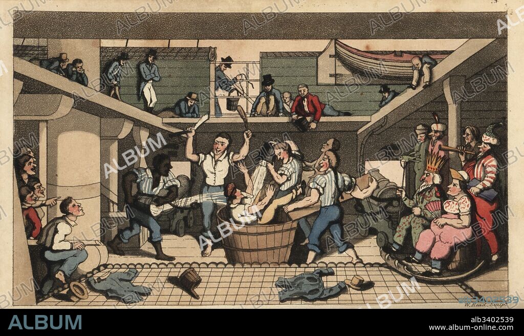 Naval rite of passage: Crossing the Line. Johnny is dunked in a bath of bilge water when he first crosses the equator. Sailors are dressed as sea gods Neptune, Amphitrite and Triton. Handcoloured copperplate engraving by W. Read after an illustration by Thomas Rowlandson from Alfred Burton's The Adventures of Johnny Newcombe in the Navy, Simpkin, London, 1818.