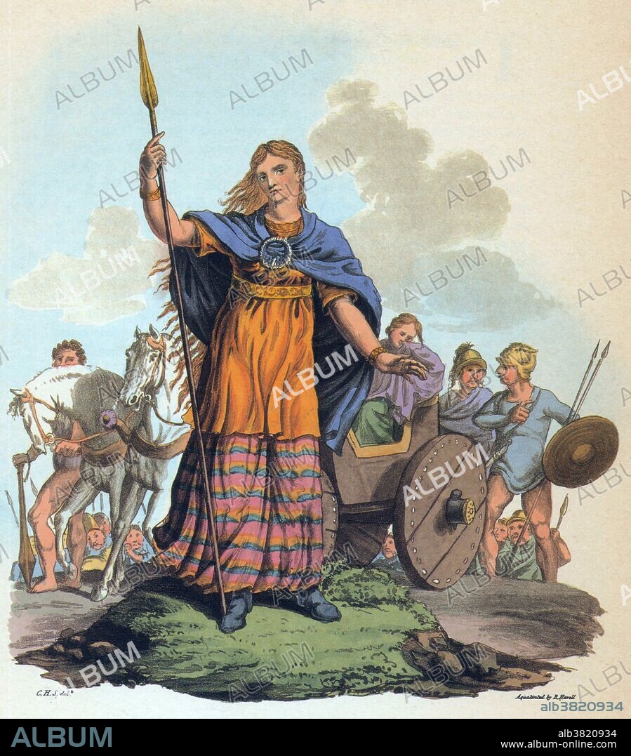 Boudica (died 60 or 61 AD) was queen of the British Iceni tribe, a Celtic tribe who led an uprising against the occupying forces of the Roman Empire. Her husband, Prasutagus, had left his kingdom jointly to his daughters and the Roman Emperor when he died, but the Romans did not acknowledge the joint rule. It was reported that Boudica was flogged and her daughters raped. She was eventually chosen as the leader of her people and their neighbors to lead an assault on the Romans. Her army had great success in their battles and completely demolished the city of Camulodunum (Colchester). The Britons had no desire to take prisoners and slaughtered everyone in their path. Noble Roman women were beheaded and had their breasts cut off and sewn to their mouths. Ironically, the great anti-imperialist rebel is now identified with the head of the British Empire, and her statue stands guard over the city she razed to the ground.