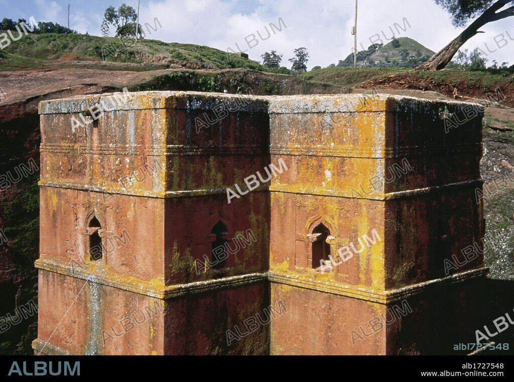 Ethiopia, Lasta province, Lalibela. The Church of Saint George (Bete Giyorgis). One of the eleven rock-hewn monolithic churches in Lalibela. Ethiopian Orthodox Tewahedo Church. Exterior view church in the shape of a cross. Constructed during the reign of King Gebre Mesqel Lalibela, of the late Zagwe dynasty. Late 12th-early 13th century.