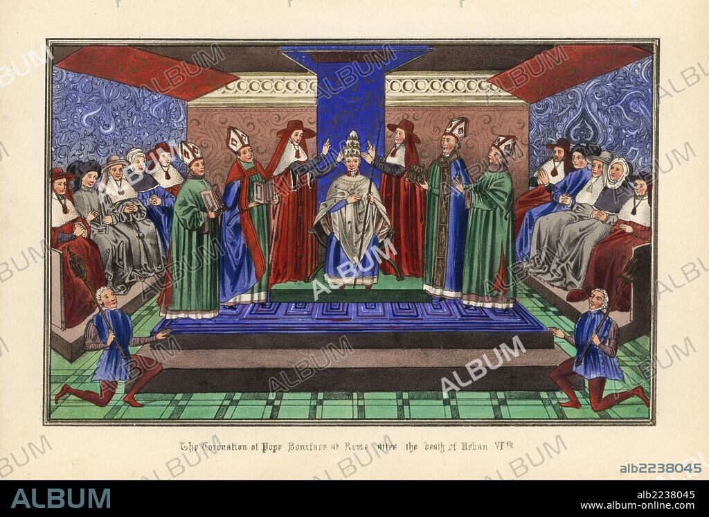 The coronation of Pope Boniface IX at Rome after the death of Pope Urban VI, 1389. Handcoloured lithograph after an illuminated manuscript from Sir John Froissart's "Chronicles of England, France, Spain and the Adjoining Countries, from the Latter Part of the Reign of Edward II to the Coronation of Henry IV," George Routledge, London, 1868.