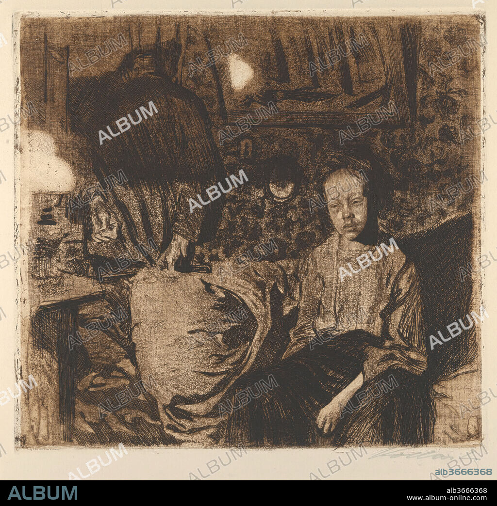 KAETHE KOLLWITZ. Young Couple (Junges Paar). Artist: Käthe Kollwitz (German, Kaliningrad (Königsberg) 1867-1945 Moritzburg). Dimensions: plate: 11 5/8 x 12 7/16 in. (29.5 x 31.6 cm)
sheet: 15 5/8 x 21 1/4 in. (39.7 x 54 cm). Date: 1904.
In Young Couple, a cramped and claustrophobic space represents the tension and emotional distance that divides the two figures. The man turns his back and recedes into shadow, while the woman, her body separated by overstuffed pillows, faces forward, her face nearly devoid of emotion.