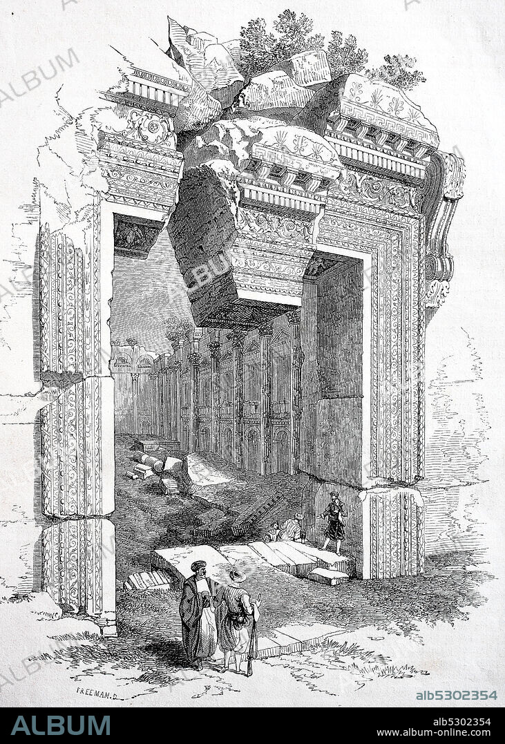 Digital improved reproduction, entrance to jupiter temple in baalbek, lebanon, original woodprint from th 19th century.