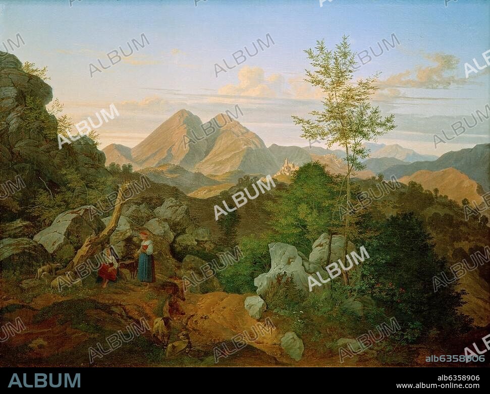 LUDWIG RICHTER. Richter, Ludwig. 1803-1884. "Abend in den Apenninen", 1828. (Im Hintergrund die Ortschaft Rocca di Mezzo). Öl auf Leinwand, 59 × 78,8 cm. Inv. Nr. G 149. Essen, Museum Folkwang.