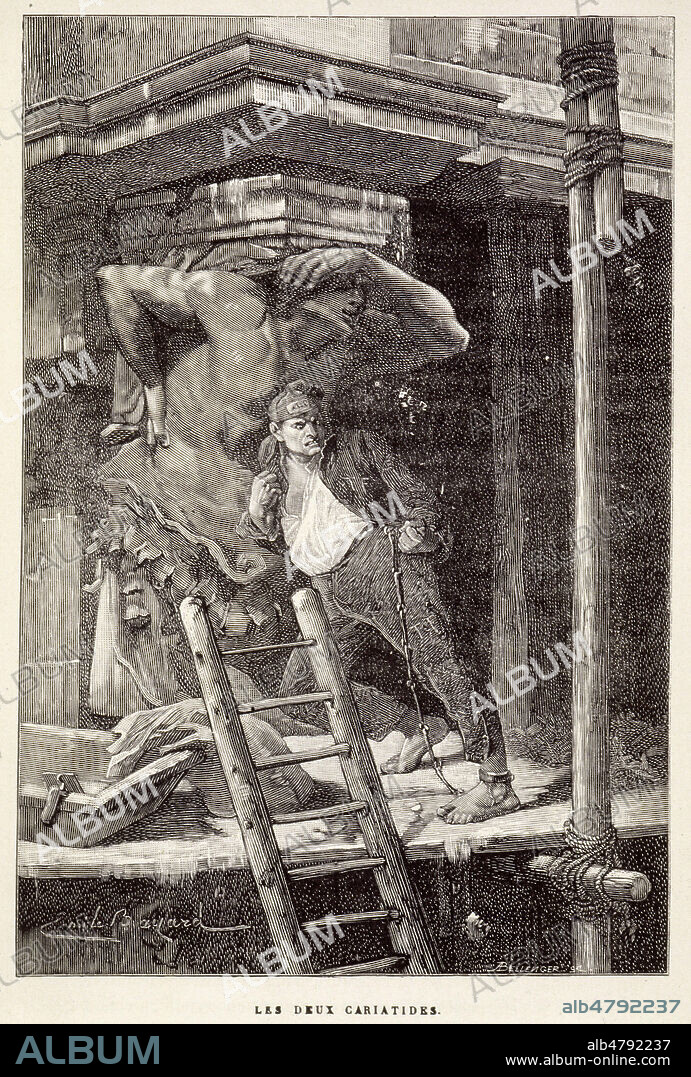 ' Les deux cariatides' Les Miserables, Jean VALJEAN, gravure d'Emile BAYARD. Credit Collection Kharbine Tapabor.