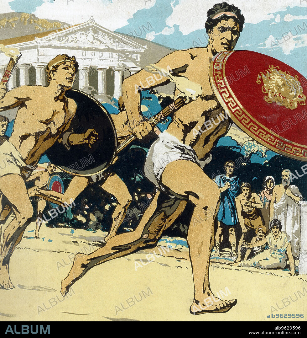 Ancient Olympic Games: the relay race, 1922. Competitors had to keep alight the flame and hand it to their fellows.This reconstruction shows a runner protecting the flame with his shield.