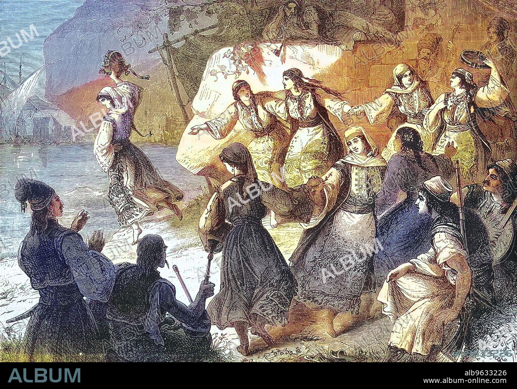 Women in traditional costume dancing Romaika, a folk dance from Greece, in 1869, Historical, digitally restored reproduction of an original artwork from the 19th century, exact original date unknown.