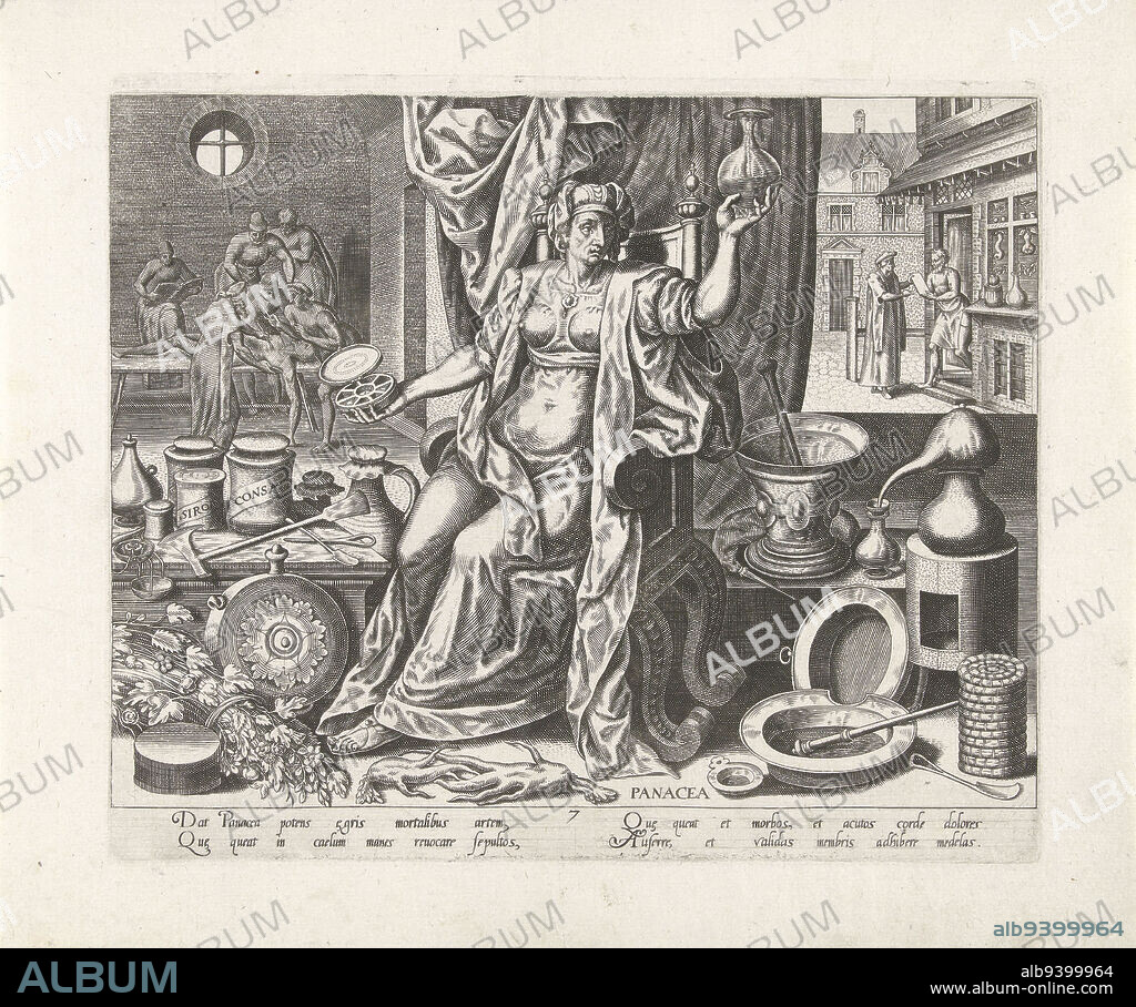 The Roman goddess of medicine Panacea as personification of medicine: seated woman figure with open round box in right hand, urinal in left hand. Next to her a mortar, a retort, ointment pots and other attributes. On the ground are alum roots and other medicinal herbs. Behind left an anatomy lesson. In the background on the right, a man with a paper (recipe?) comes out of a house. The print has a Latin caption and is part of a series of prints on human activities, Medicine Panacea, Human activities (title series)., print maker: Philips Galle, Frans Floris (I), (possibly), Marten van Cleve (I), (possibly), Antwerp, 1574, paper, engraving, h 205 mm × w 248 mm.