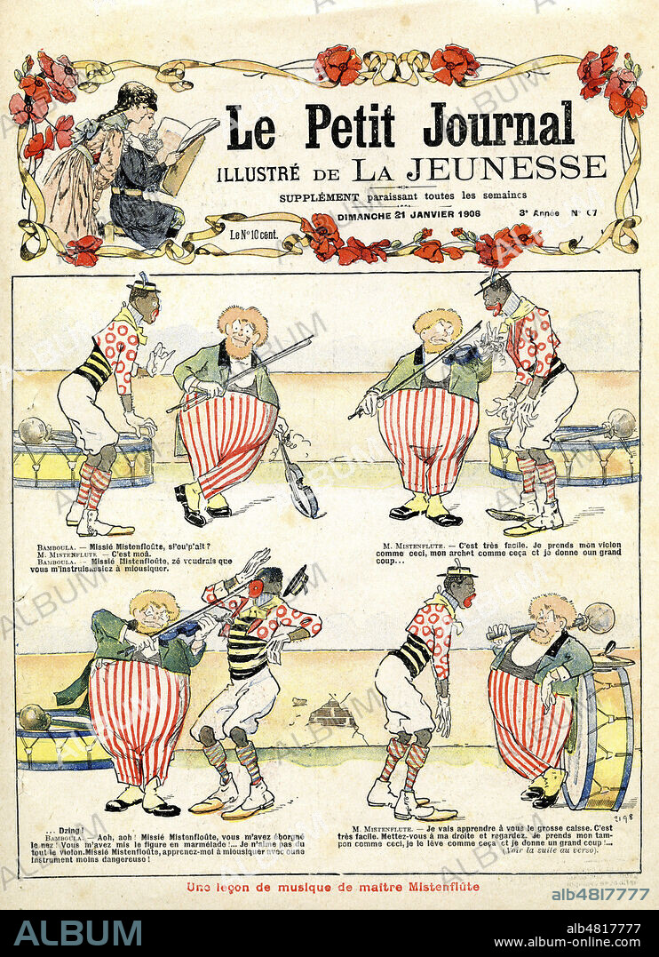 Sketch mettant en scene les clowns Bamboula et Mistenflute le violoniste. Couverture du Petit journal illustre de la jeunesse du 21 janvier 1906. Credit : Collection KHARBINE-TAPABOR.