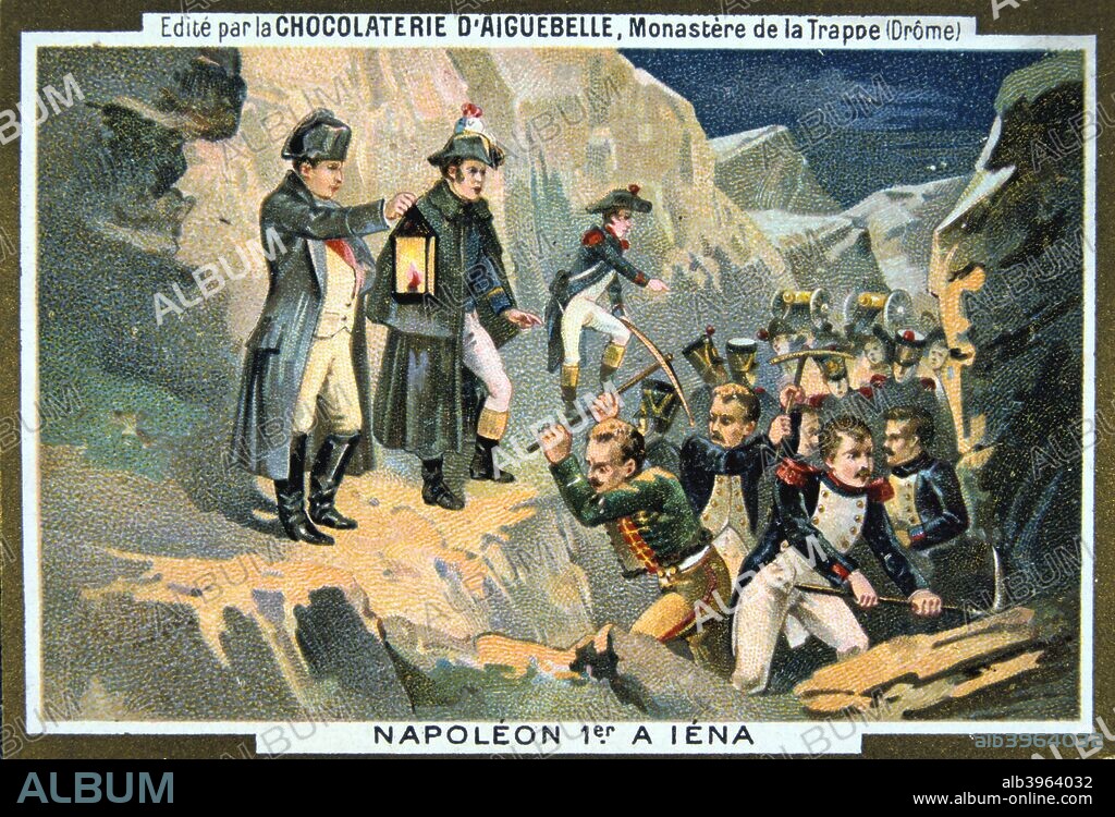 Napoleon at the Battle of Jena, 14 October 1806, (19th century). The Battle of Jena in Germany began with the chance evening meeting of Marshal Lannes' corps with a Prussian force of 35,000 men under General Friedrich Hohenloe. Napoleon Bonaparte (1769-1821) ordered a general advance and within two hours the exhausted Prussians gave way, fleeing the field and trying to avoid the sabres of Marshal Murat's horsemen.