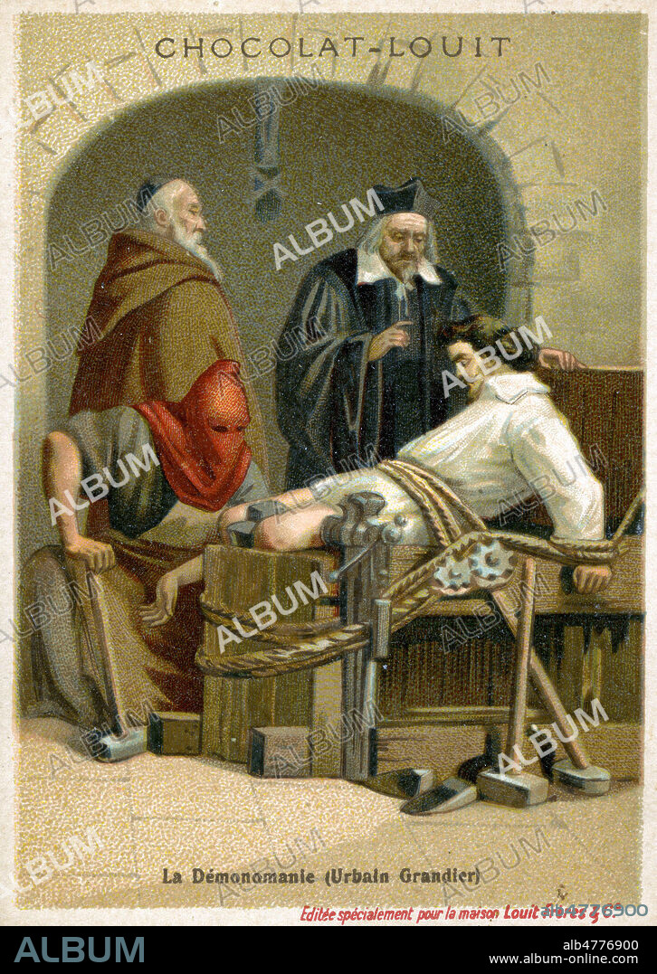 La Demonomanie (Urbain GRANDIER, cure de Loudun mis a la question pour crime de sorcellerie). Illustration anonyme pour un chromo publicitaire de la serie La science mysterieuse. Credit : Collection IM/Kharbine-Tapabor.