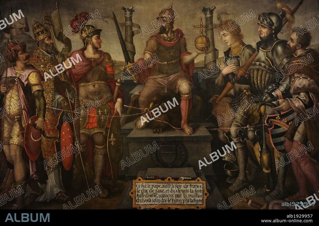 CARLOS I de España y V de Alemania (Gante,1500-Yuste,1558). Rey de España (1517-56) y emperador de Alemania (1519-56). Primer monarca hispánico de la Casa de Austria. "El Emperador CARLOS V pasa juicio sobre sus enemigos". Obra realizada por los artistas holandeses Maarten Jacobszoon Heemskerk van Veen o Maarten van Heemskerck (1498-1574, Haarlem) y Dirck Volckertszoon Coornhert (1522-1590), también conocido como Theodore Cornhert. Amberes, 1556. Museo Histórico Alemán (Deutsches Historisches Museum). Berlín. Alemania. Europa.