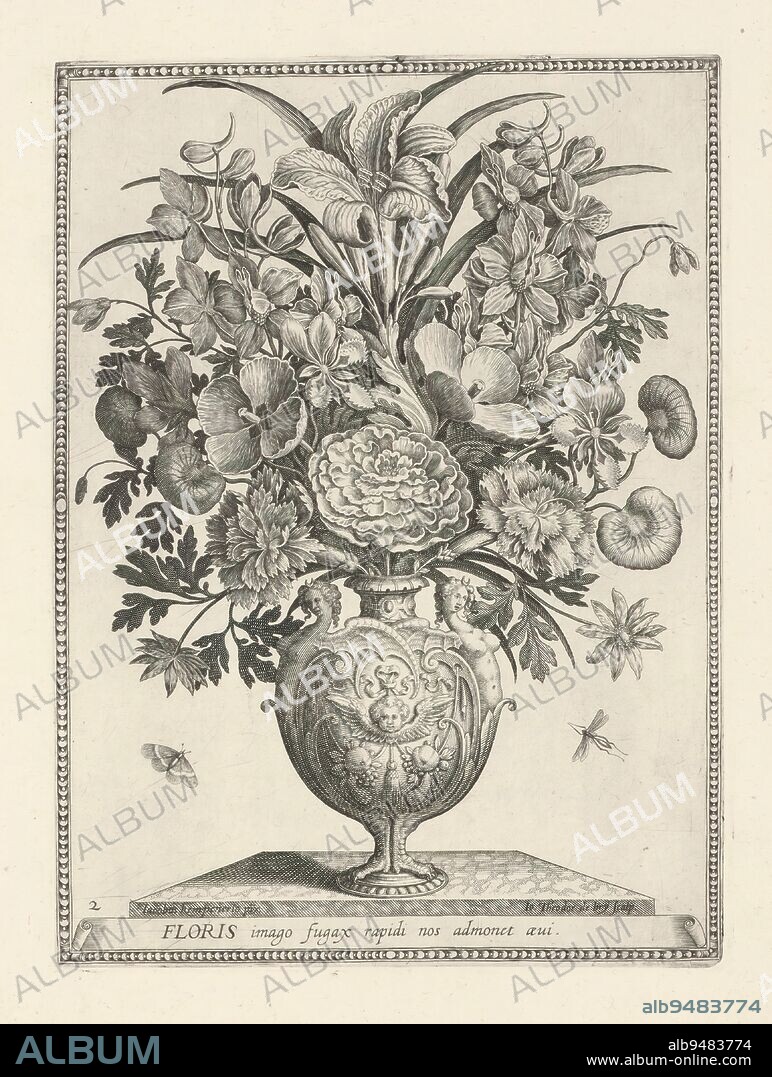 Polyptoton de Flore (The Variance of Flowers), Flower Vase with Mosquito and Butterfly, FLORIS imago fugax rapidi nos admonet aeui (title on object), Polyptoton de Flore (series title), Ornamental vase with flowers, standing on square pedestal. On the left a butterfly, on the right a mosquito., print maker: Johann Theodor de Bry, (mentioned on object), after painting by: Jacobus Kempener, (mentioned on object), Frankfurt am Main, c. 1600, paper, etching, engraving, height 302 mm × width 228 mm.