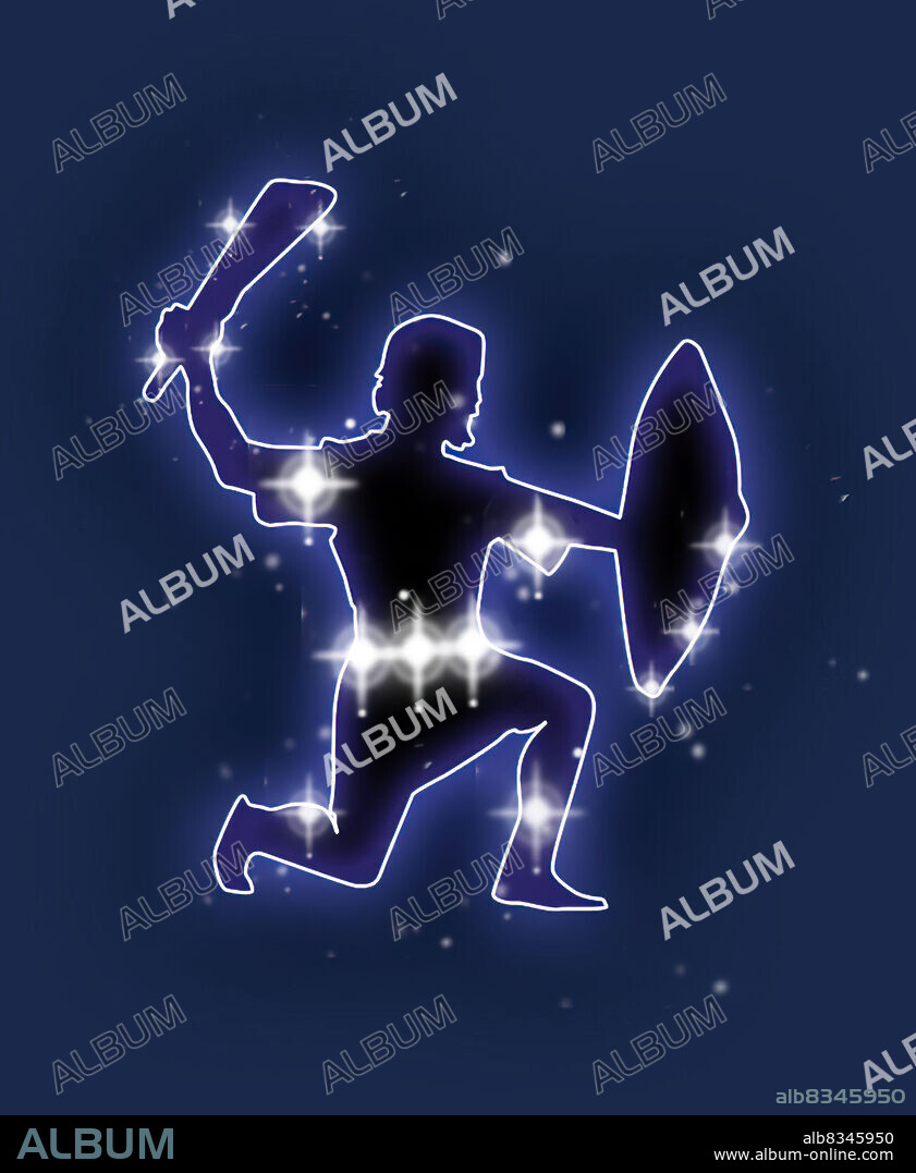 Orion is one of the most spectacular constellations in the sky. It is clearly visible above the horizon. Its outline represents the hunter Orion, the son of the god of the sea in Greek and Roman mythology. Two bright starsthe large red star Betelgeuse and the large blue star Rigelform the shoulder and the foot of the hunter. Orion is easy to spot because three of its stars line up to form the hunters belt. This constellation, visible in the skies of both hemispheres,. is a handy reference point for locating other constellations.