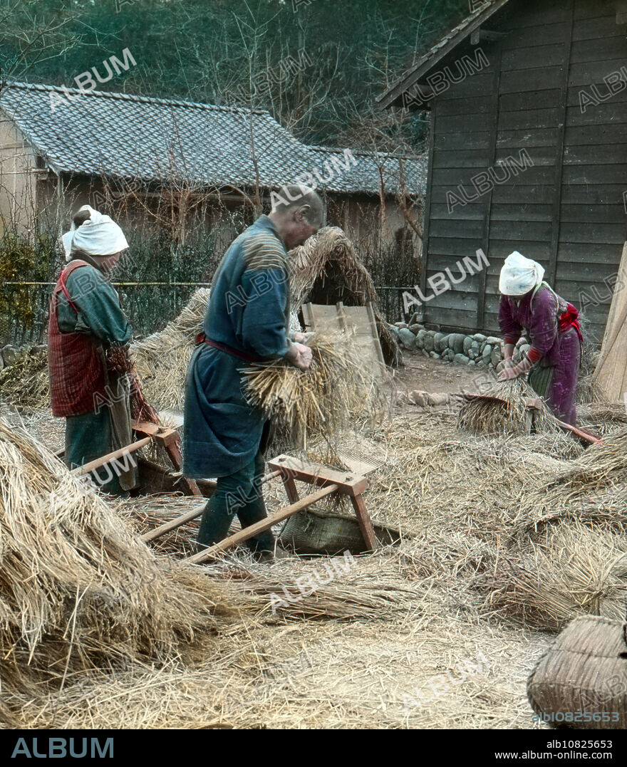 [ 1900s Japan - Japanese Farmers Threshing Rice ] Three Japanese farmers are threshing rice stalks with a Senbakoki (threshing machine). 20th century vintage glass slide.