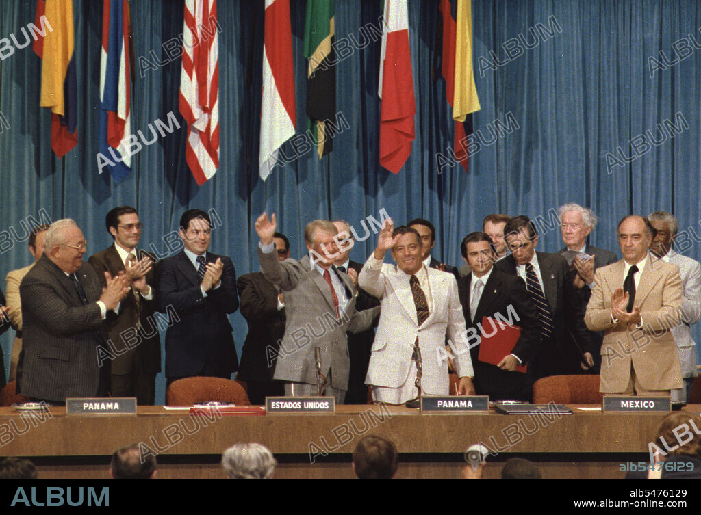 Jimmy Carter and Omar Torrijos at the signing of the Panama Canal Treaty. circa  16 June 1978.