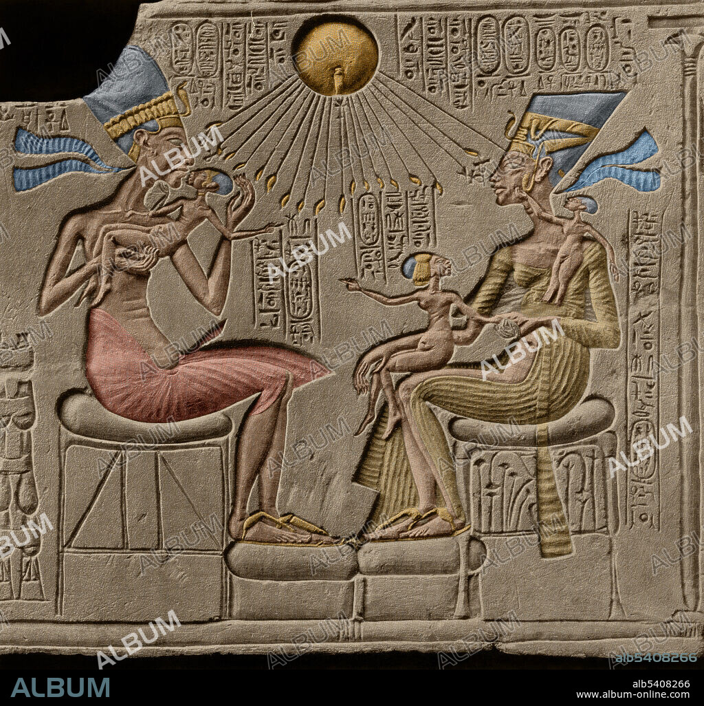 Caption: Sunk-relief depicting Egyptian pharaoh Akhenaton, his wife Nefertiti, and three of their daughters, with the sun god Aten or Aton. Akhenaten, known before the fifth year of his reign as Amenhotep IV, was a pharaoh of the Eighteenth dynasty of Egypt who ruled for 17 years and died in 1336 BC or 1334 BC Neferneferuaten Nefertiti (1370 BC, 1330 BC) was the Great Royal Wife (chief consort) of the Egyptian Pharaoh Akhenaten. Nefertiti and her husband were known for a religious revolution, in which they worshiped one god only, Aten, or the sun disc. With her husband, they reigned at what was arguably the wealthiest period of Ancient Egyptian history. Sunk relief was mainly restricted to Ancient Egypt.
