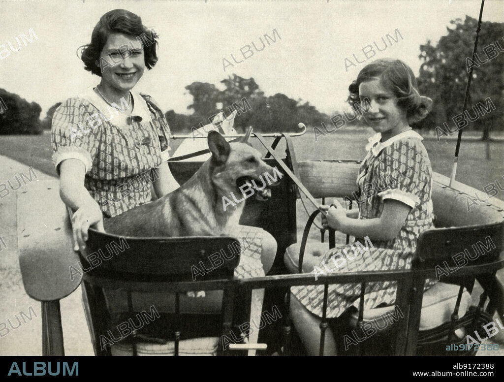 'Driving with Her Sister in Windsor Great Park - 1941', 1947. Princess Elizabeth (future Queen Elizabeth II) and her younger sister Princess Margaret Rose, in matching dresses, with pet corgi. From "Princess Elizabeth: The Illustrated Story of Twenty-one Years in the Life of the Heir Presumptive", by Dermot Morrah. [Odhams Press Limited, London, 1947].