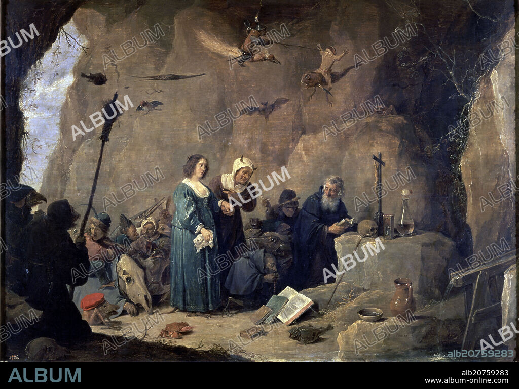 DAVID TENIERS EL JOVEN. LAS TENTACIONES DE SAN ANTONIO ABAD - 1647 - OLEO/TABLA - 51 x 71 cm - NP 1820 - ESCUELA FLAMENCA.