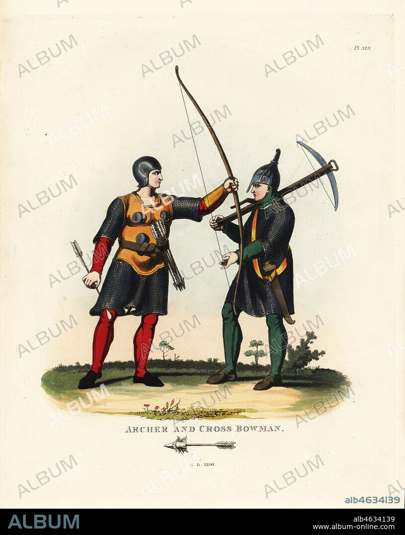 Archer and crossbow man, 1250. English longbowman in skullcap helmet cerebrerium, hauberk, leather breastplate and arrows in a girdle. The crossbowman or arbalister wears a nasal helmet and hauberk and carries a short sword baselard. Handcoloured lithograph after an illustration by S.R. Meyrick from Sir Samuel Rush Meyrick's A Critical Inquiry into Antient Armour, John Dowding, London, 1842.