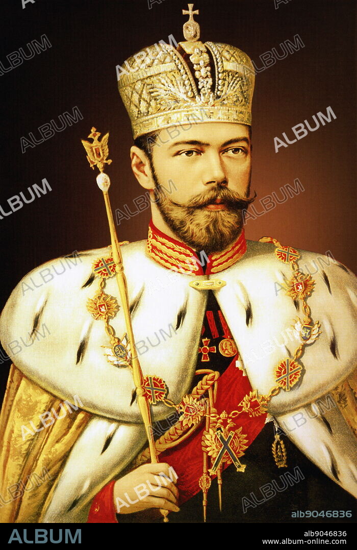 Portrait of Nicholas II of Russia in his coronation robe with Imperial Crown and Sceptre, painted by Aleksandr Makovsky (1869-1924). 1896. Oil on canvas.