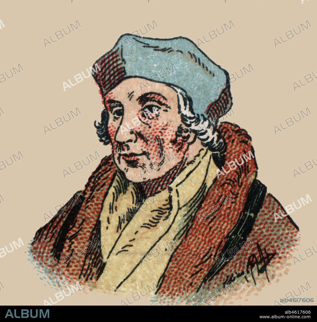 Desiderio Erasmo van Rotterdam(1467-1536), Erasmo de Rotterdam,  humanista, filósofo, filólogo y teólogo neerlandés. Grabado de 1900.