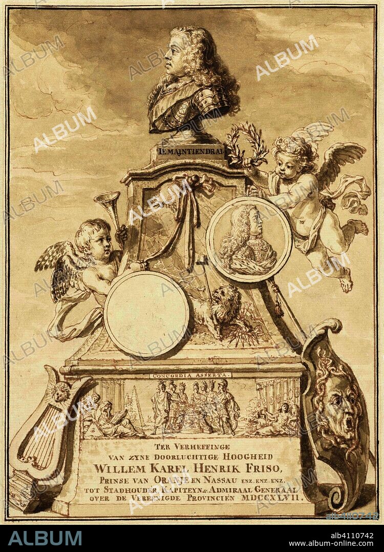 Allegory of the elevation of William IV as stadtholder, 1747. Draughtsman: Jacob Folkema. Dating: 1747. Place: Northern Netherlands. Measurements: h 232 mm × w 170 mm.