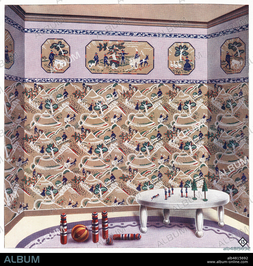 Chambre d'enfant. Papier peint, frise, motif, bordure et fond. Illustration anonyme de 1926 pour le catalogue de CG Nos decorations nouvelles Papiers peints. Credit : IM/Kharbine-Tapabor.