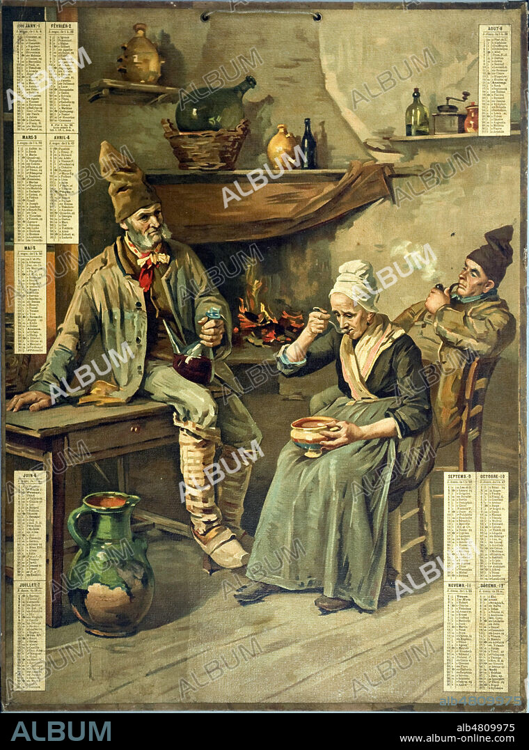 Dans une ferme, une femme mange de la soupe entouree de deux paysans, dont un fume la pipe pres d'une cheminee. Calendrier de l'annee 1900. Credit : IM/KHARBINE-TAPABOR.