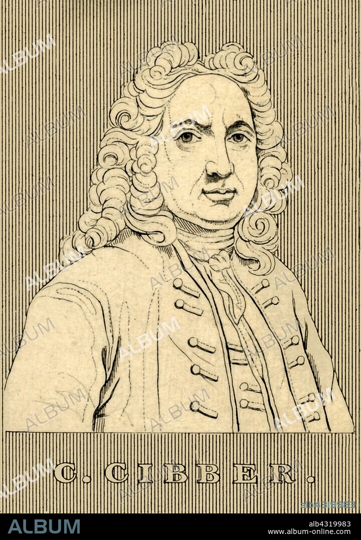 'C. Cibber', (1671-1757), 1830. Colley Cibber (1671-1757) English actor-manager, playwright and Poet Laureate.  From "Biographical Illustrations", by Alfred Howard. [Thomas Tegg, R. Griffin and Co., J. Cumming, London, Glasgow and Dublin, 1830].