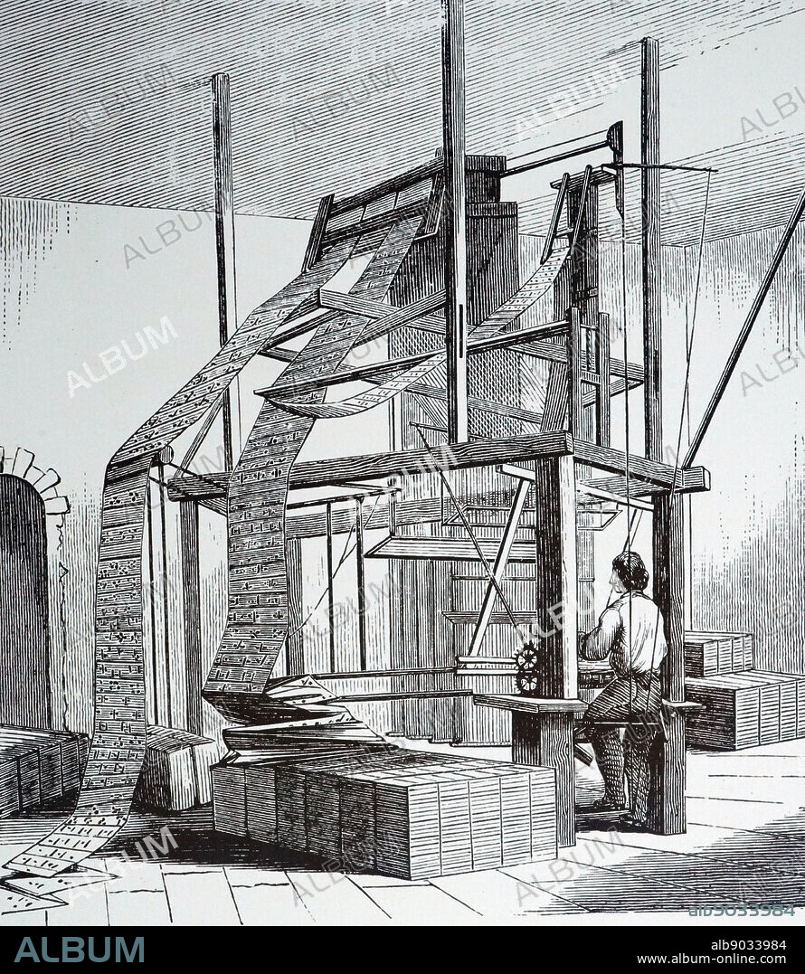 An engraving depicting a Jacquard loom. The Jacquard machine was a device fitted to a power loom that simplifies the process of manufacturing textiles with such complex patterns as brocade, damask and matelasse. Dated 19th century.