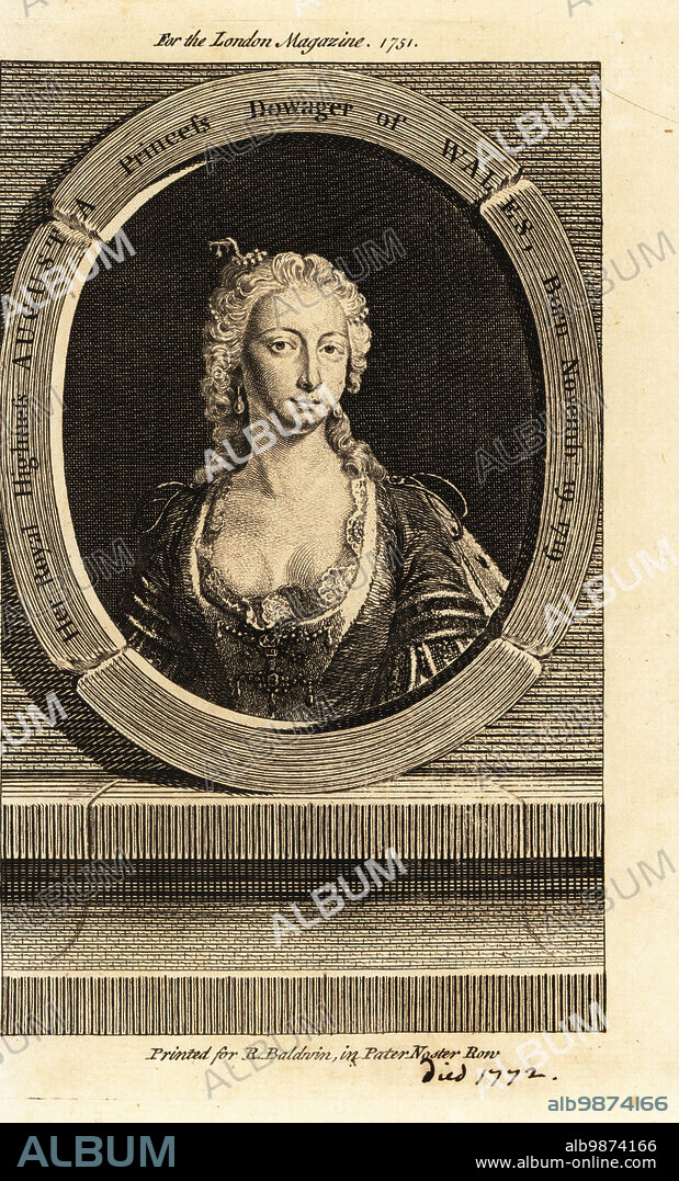 Her Royal Highness Princess Augusta of Saxe-Gotha-Altenburg (1719-1772), Princess of Wales and later Dowager Princess of Wales, mother of King George III. Oval portrait copperplate engraving by an unknown artist in the London Magazine, published by R. Baldwin, Paternoster Row, London, 1751.