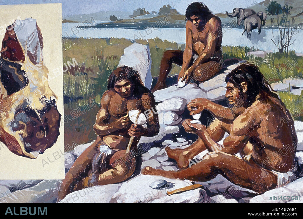 PREHISTORIA. NEANDERTHALES fabricando con armas y utensilios con obsidiana. Dibujo.