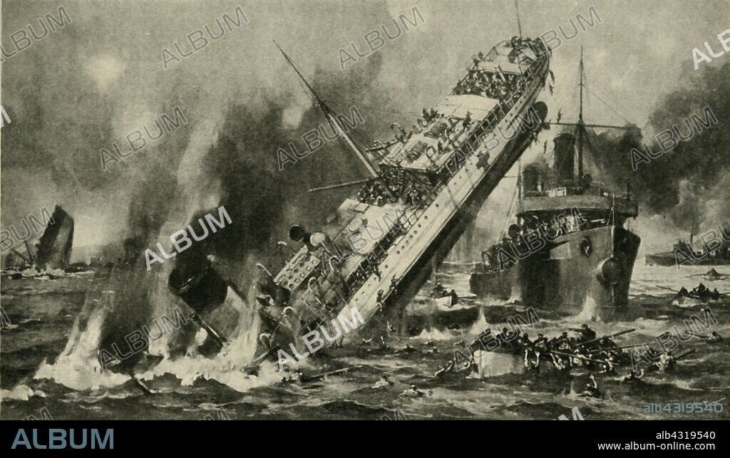 HERMANUS WILLEM KOEKKOEK. The sinking of the 'Anglia', First World War, 17 November 1915, (c1920). 'Mined in the English Channel: the sinking of the Hospital Ship Anglia'. The British ship SS 'Anglia' was requisitioned as HMHS (His Majesty's Hospital Ship) 'Anglia'. While carrying 390 injured officers and soldiers from France to England, she struck a mine laid by a German U-boat, and sank with the loss of 134 lives. The nearby torpedo gunboat HMS 'Hazard' helped evacuate passengers and crew. From "The Great World War - A History" Volume IV, edited by Frank A Mumby. [The Gresham Publishing Company Ltd, London, c1920].
