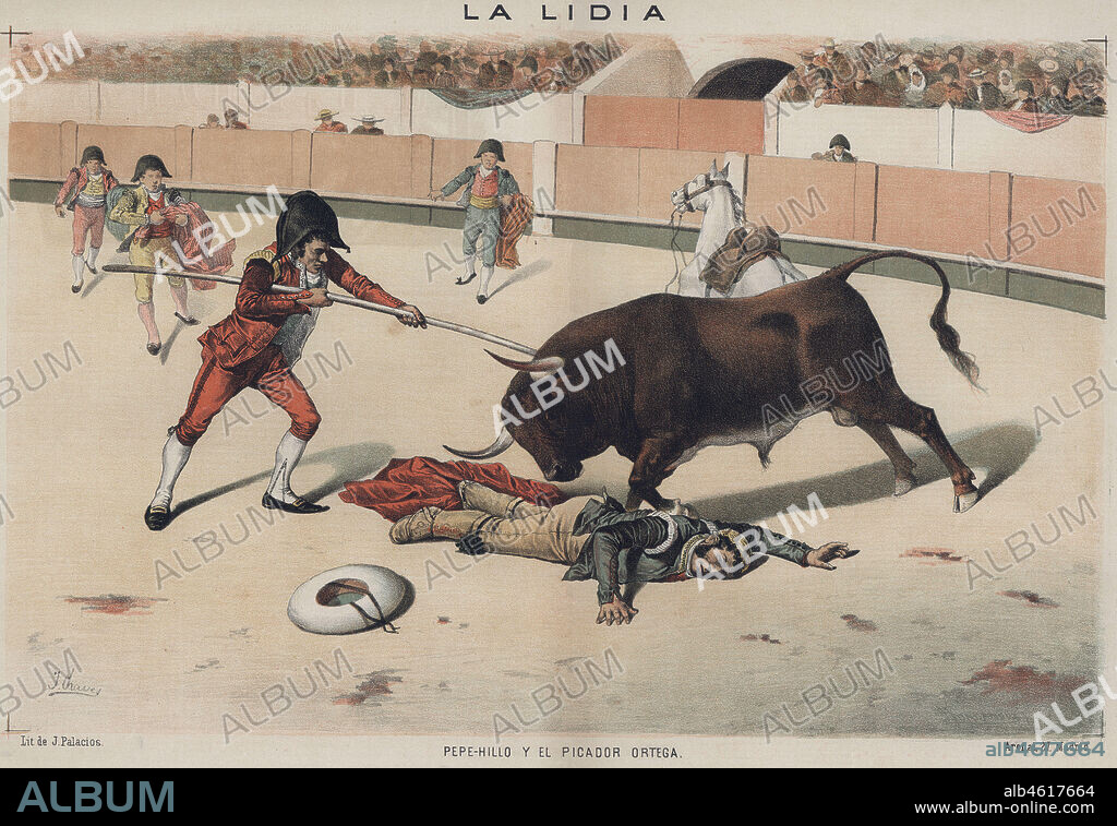 La lidia. José Delgado Guerra (1754-1801), Pepe-Hillo, caído en la arena a los pies del toro, defendido por el picador Ortega. Año 1886.