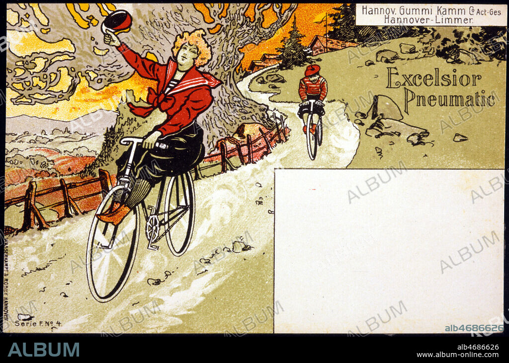 Publicite pour les pneus Excelsior Pneumatic representant des cyclistes sur un chemin de montagne. Credit : Collection KHARBINE-TAPABOR.
