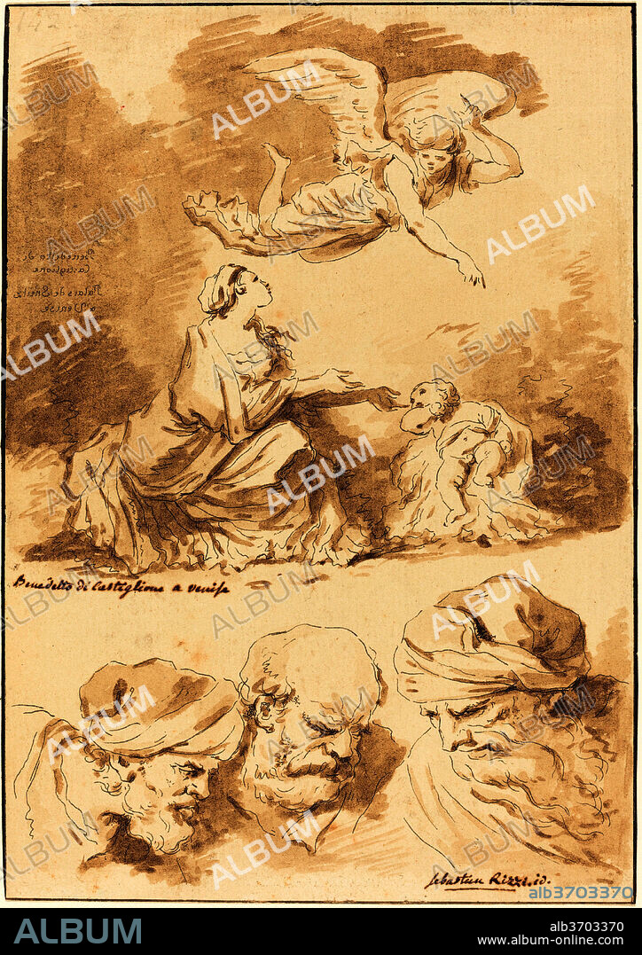 JEAN CLAUDE RICHARD DE SAINT-NON AFTER JEAN-HONORé FRAGONARD (AFTER GIOVANNI BENEDETTO CASTIGLIONE AND SEBASTIANO RICCI). Hagar Consoled by an Angel (from a painting by Castiglione) and Three Heads of Old Men (from a painting by Ricci of Jesus and the Adultress). Dated: 1774. Dimensions: sheet (trimmed within plate mark): 18.7 x 13.1 cm (7 3/8 x 5 3/16 in.). Medium: etching counterproof reworked in brown wash on laid paper.