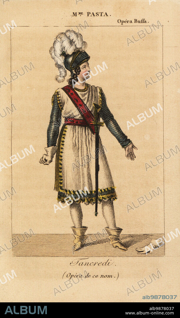 Italian soprano singer Giuditta Pasta in the lead role of Tancredi in the opera of the same name by Gioachino Rossini performed at the Opera Buffa, Paris, 1823. Handcoloured copperplate engraving from Charles Malo's Almanach des Spectacles par K.Y.Z, Chez Janet, Paris, 1823.