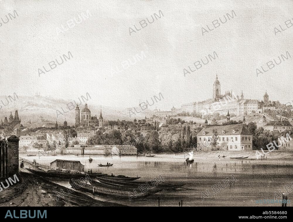 Prag. Ansicht der Prager Kleinseite mit Burg und Dom. Aquarellierte Zeichnung, 1850, von Franz Joseph Sandmann (1805-1856).