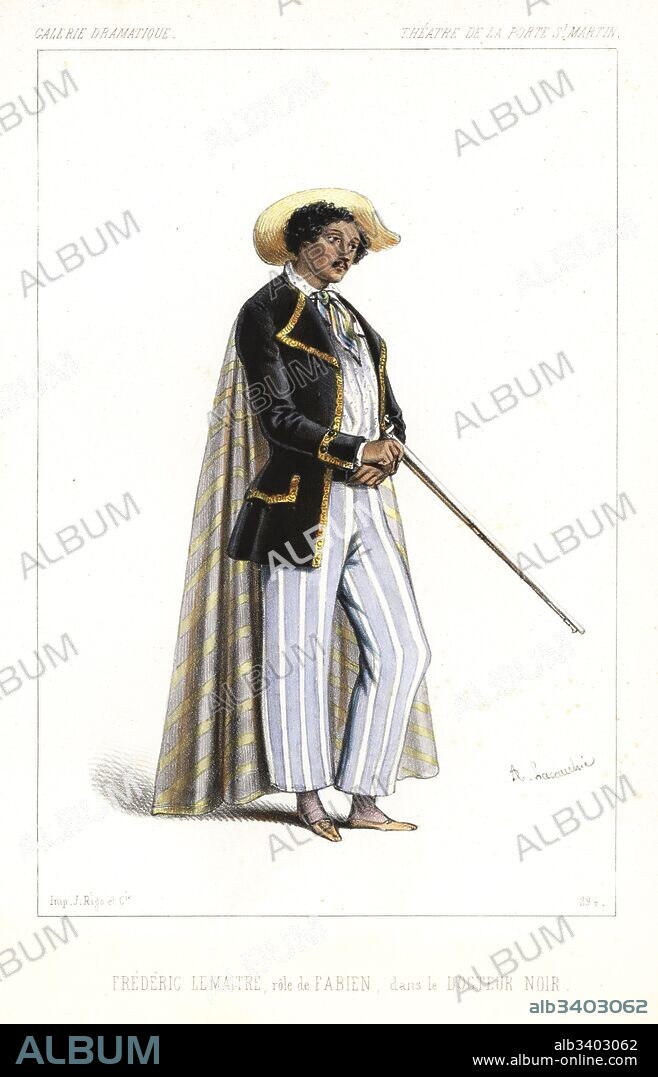 French actor Frederick Lemaitre as Fabien in Le Docteur Noir by Anicet Bourgeoise, Theatre de la Porte St. Martin, 1846. Handcoloured lithograph after an illustration by Alexandre Lacauchie from Victor Dollet's Galerie Dramatique: Costumes des Theatres de Paris, Paris, 1846.