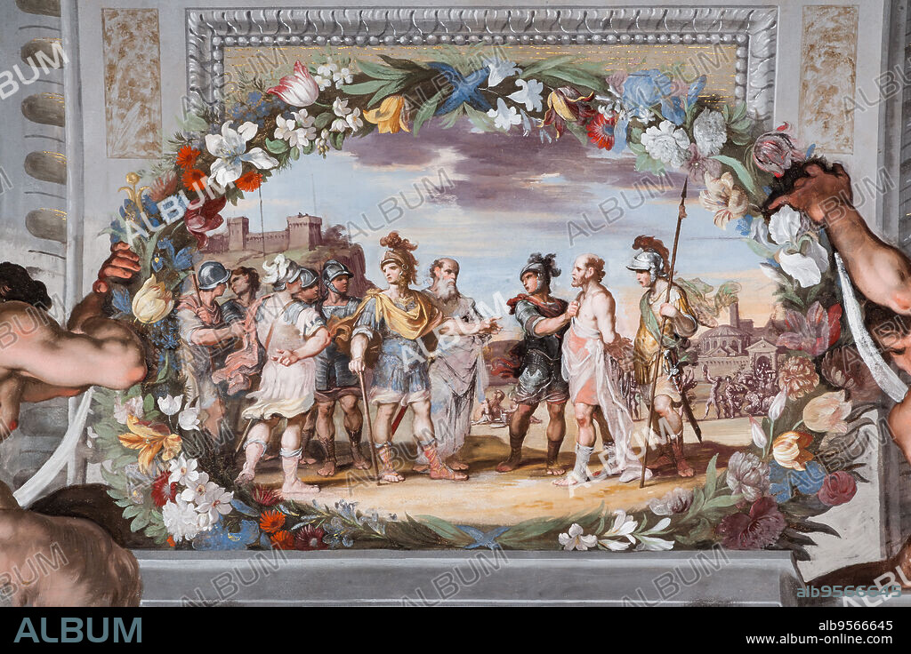 Sassuolo, Este Ducal Palace, the Bacchus Gallery, ceiling: Acete, held prisoner by two soldiers, narrates the deeds of Bacchus to Pentheus and his retinue of warriors.. Wall tempera painting by Jean Boulanger, 1650 - 52.