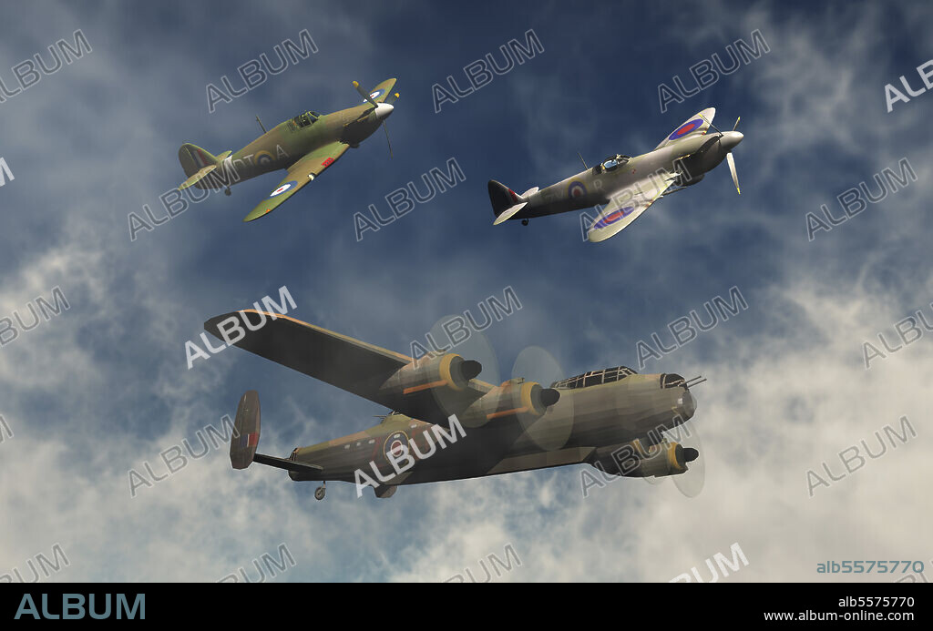 An Avro Lancaster heavy bomber, a Hawker Hurricane and Supermarine Spitfire fighter planes of the Royal Air Force.